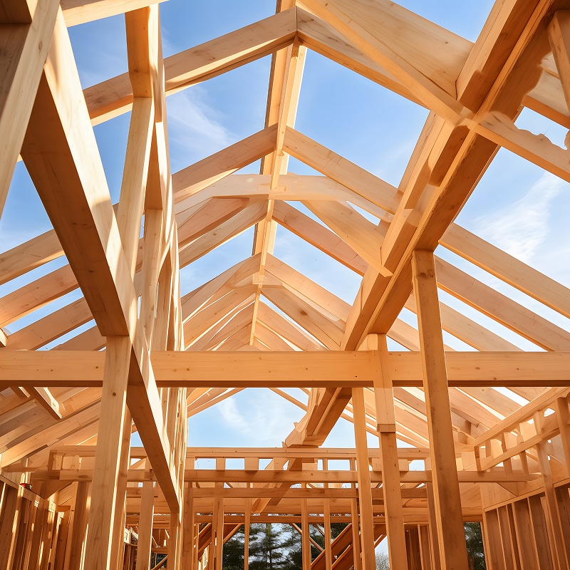 Charpente Maison Bois Neuf : Vue Intérieur Ossature Structure en bois clair d'une charpente de maison neuve sous un ciel bleu vif, mettant en évidence les chevrons et poutres.
