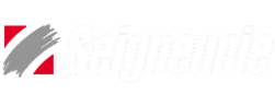 Logo Seigneurie Blanc sur Noir avec Icône Brossée Logo noir avec le mot 'Seigneurie' en blanc gras et incliné, précédé d'un symbole carré rouge et gris brossé.