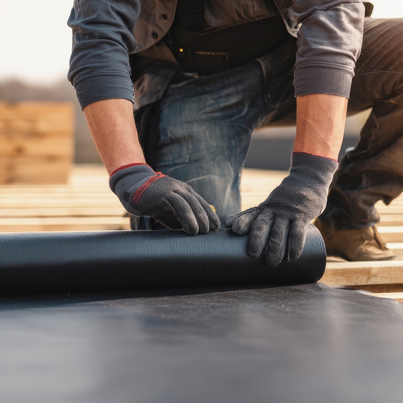 Installation membrane toiture : pose étanchéité Ouvrier ganté déroule un rouleau de membrane imperméable noire sur une surface de construction, probablement pour toiture.